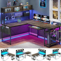 SEDETA L Shaped Desk 94.5 Inch Office Desk with Power Outlet &amp Pegboard L Shaped Desk with Led Light Keyboard Tray Storage Shelves and Headphone Hook for Home Office Walnut Brown