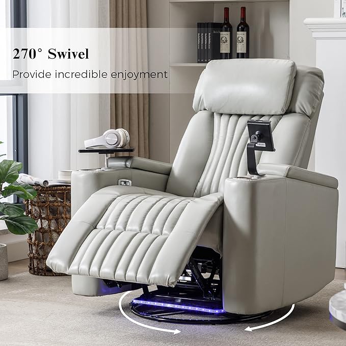 Recliner Chair 270° Power Swivel Recliner Chair with 360° Swivel Tray Table and Cell Phone Holder Cup Holder Home Theater Seating with Hidden Arm Storage Soft Living Room Chair (Gray/27)