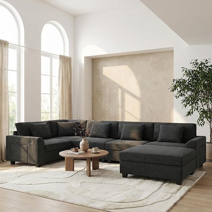 128*67 U Shaped Sectional Sofa 6 Seat Chenille Couch Set with Oversized Ottoman Hidden Armrest Storage and Cup Holders USB Charging Ports Wide Seat Sofa for Living Room Apartment Black