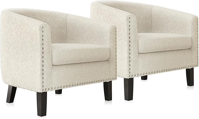BELLEZE Accent Barrel Chairs Set of 2 Modern Tub Club Chairs Upholstered Armchairs for Living Room Accent Chairs with Silver Nail Head Trim Black Legs - Kyara (White/Polyester)