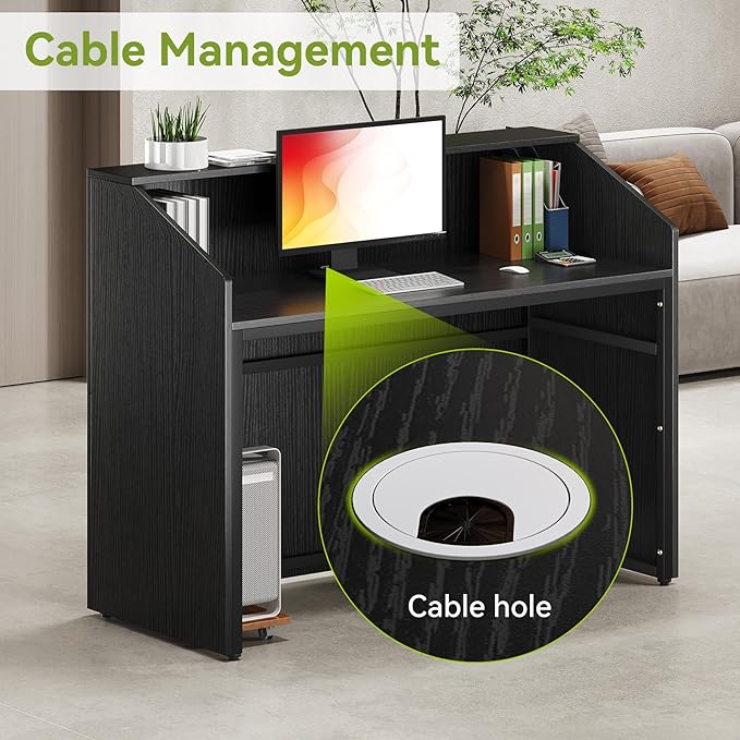 LITTLE TREE 47-Inch Reception Desk with Counter Black Front Desk Reception Room Table Retail Counter for Checkout Modern Welcome Desk for Lobby Office Beauty Salon