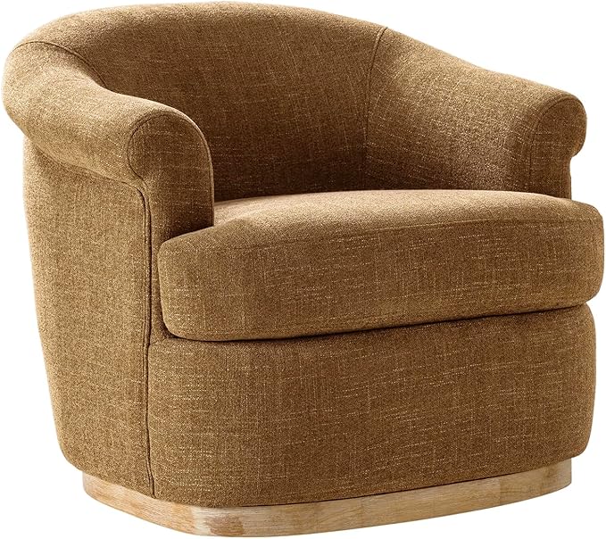 HULALA HOME Swivel Barrel Chair with Rolled Arms Upholstered Fabric Swivel Round Armchair with Removable Cushion Solid Wood Base for Living Room Bedroom Camel