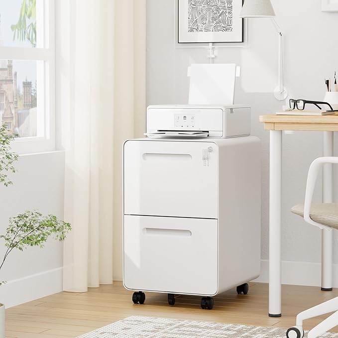 File Cabinet Mobile Filing Cabinet with Lock All Steel Structure Printer Stand Fully Assembled Except Casters Under Desk Storage for Home Office 2 Drawers Document Organizer White