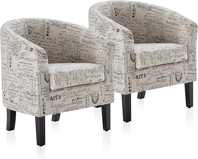 BELLEZE Accent Barrel Chair Set of 2 Linen Round Chair Club Tub Sofa Corner Chair with Flared Legs and Cozy Soft Padding for Living Room Bedroom Waiting Room - Black &amp Beige