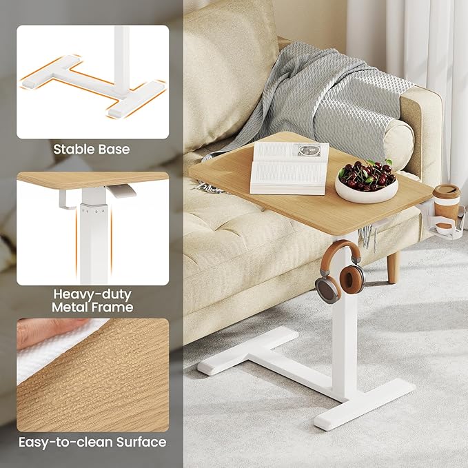 GOFLAME Rolling Standing Desk C Shaped End Table Adjustable Height with Hidden Wheels Cup Holder &amp Headphone Hook Mobile Sofa Couch Bed Side Table for Living Room Home Office (Natural)
