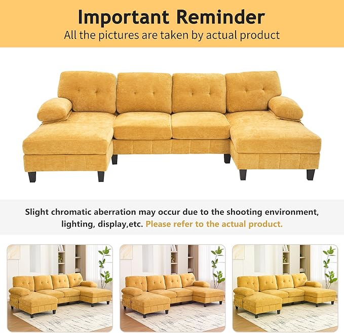 P PURLOVE Chenille Modern Large Sectional Sofa U-Shaped Sectional Sofa Couch with Dual Chaise Lounges Storage Pockets and Armrest Pillows for Living Room (Yellow)