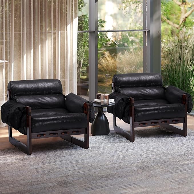 Furnilivng Modern Lounge Accent Chair Comfortable Oil Waxed Leather Arm Chair with Sturdy Wood Frame Upholstered Cozy Sofa Chair for Living Room Bedroom Dressing Room Home Office Black