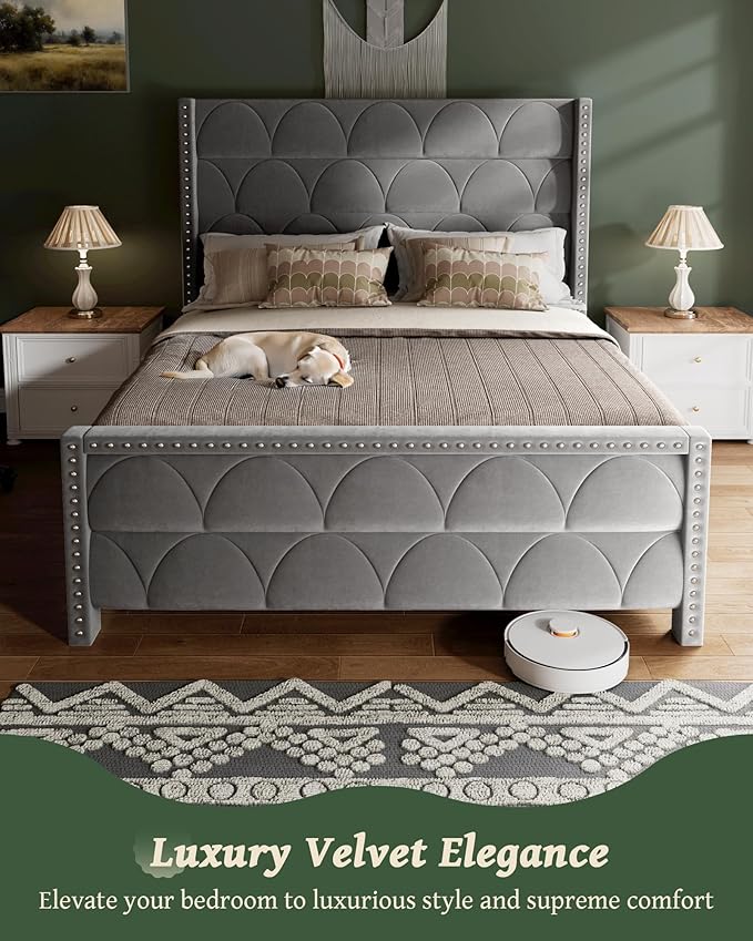 Queen Size Bed Frame with 56 Headboard - Velvet Upholstered Wingback Platform Bed Frame Noise Free Sturdy Wooden Slat Support (Deep Gray Queen)