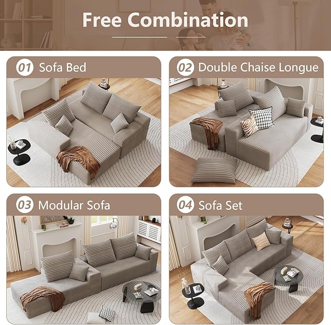 95 Cloud Sectional Couch with L-Shape Chaise Modern Corduroy Boneless Deep Seat Sofa 3-Seater Modular Sleeper Couch for Living Room Bedroom Apartment No Assembly (Camel Left-Facing Chaise)