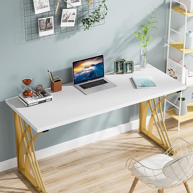 LITTLE TREE 55’’ Large Modern Computer Desk White &amp Gold Luxury Laptop PC Student Table Makeup Vanity Table with Thick Frame &amp Strong Legs Sturdy Writing Workstation for Home &amp Office
