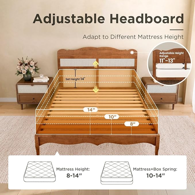 Sophia &amp William Queen Bed Frame with Adjustable Headboard Wooden Bed Frame Queen Size Solid Wood Slats Support No Box Spring NeededBrown