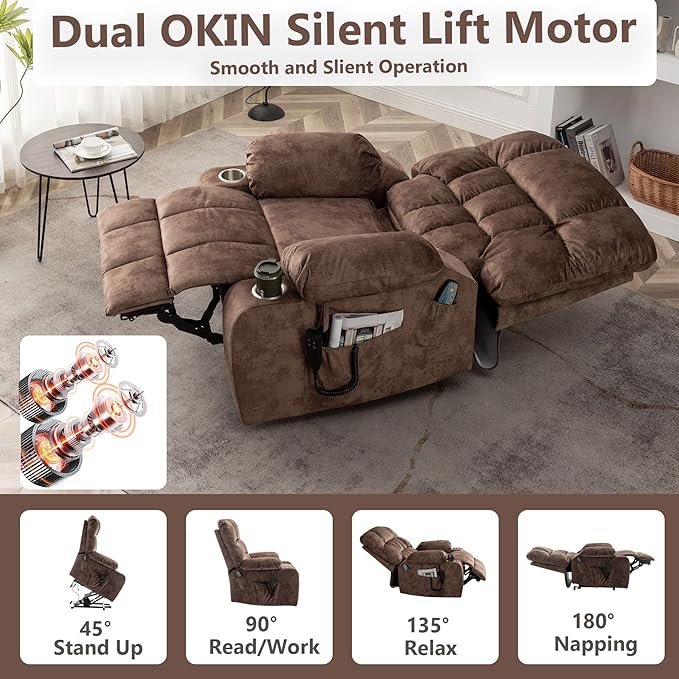 Oversized Power Lift Recliner Chair for Adult Elderly Dual Motor Lay Flat Electric Recliner with Massage &amp Heat 25.5 Wide Seat Big Tall Recliners for Living Room Velvet Brown