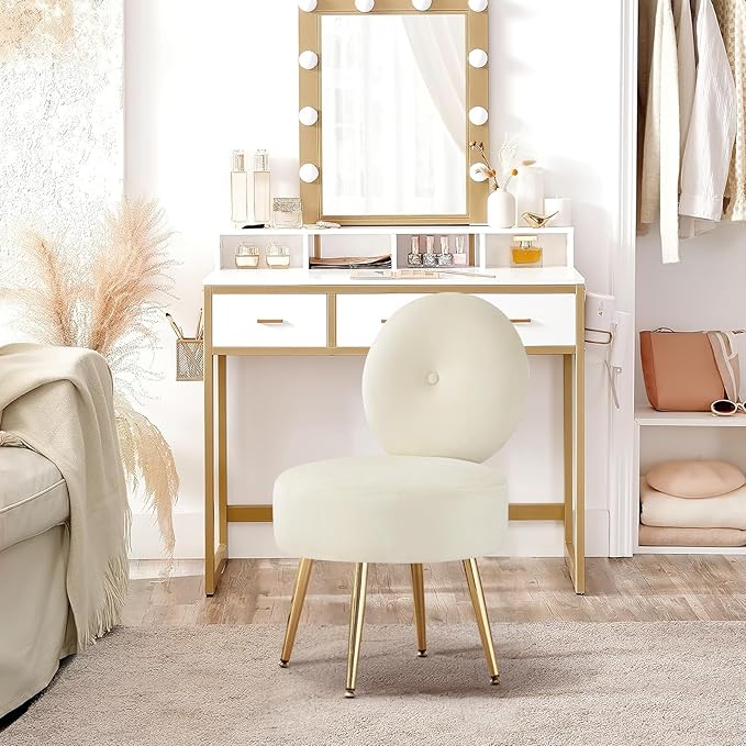 Furniliving Armless Vanity Chair for Makeup Room Velvet Vanity Stool with Back Living Room Chair with Solid Metal Legs for Bedroom Study Room Vanity(Khaki)