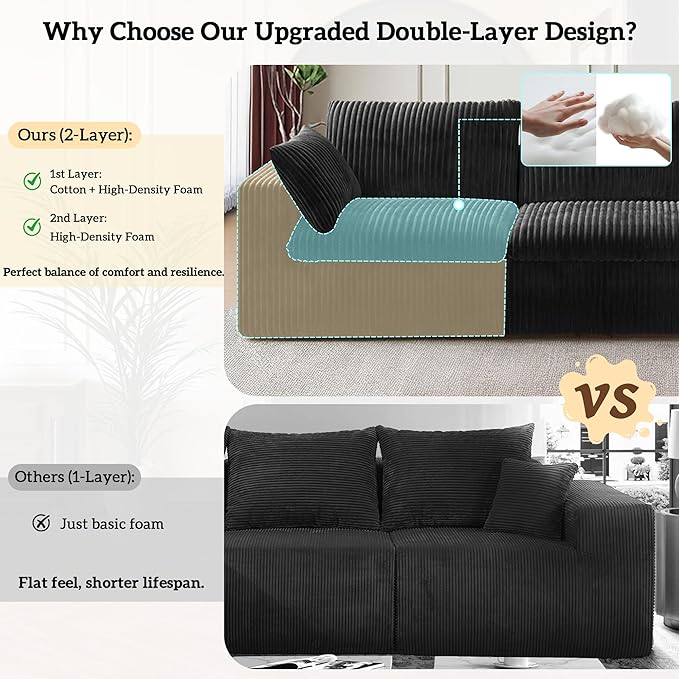 157.6 Cloud Couch Oversized Modular Sectional Sofa Boneless U-Shaped 6 Seater Deep Seat Couch with Ottoman Soft Corduroy Upholstery DIY Combination for Living Room No Assembly Required Black