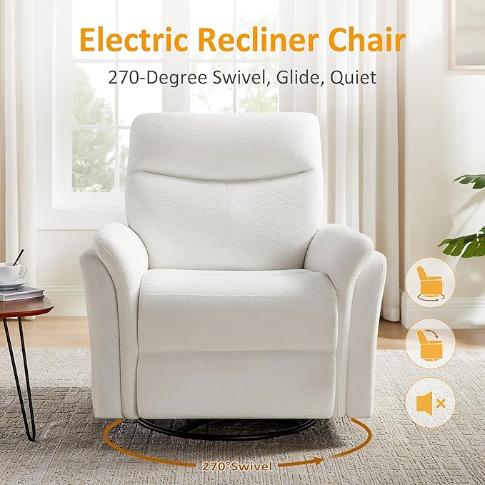VANOMi Power Recliner Chair Swivel Glider Electric Rocking Recliner Chairs with USB and Type-C Ports Nursery Chair Recliner for Living Room Bedroom Apartment（White）