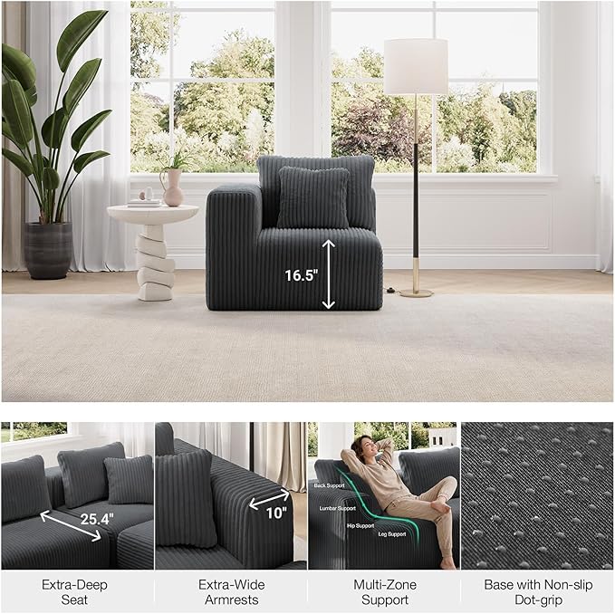 Novilla Modular Sectional Sofa Modern Cloud Sectional Couch with SmartS Coil® Support Upholstered Boneless Couch for Living Room Apartments Bedroom No Assembly Required Dark Gray (Right-Arm Chair)