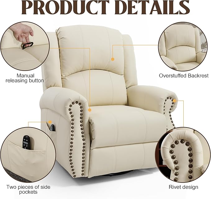 Leather Manual 360° Swivel Rocker Recliner for Adults Gulider Reclining Chair for Living Room with Vibration Massage and Lumbar Heat Side Pockets Faux Leather Beige