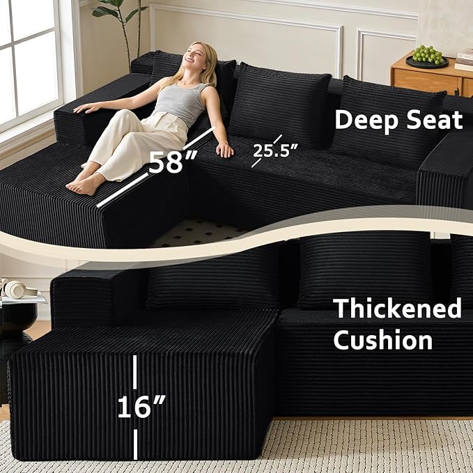 ANONER 103 L-Shaped Sofa Bed Cloud Couch Modular Sectional Corner Sofa with Deep Seat Modern Minimalist Boneless Couch with Chaise Free Combination Couches for Apartment (Black)