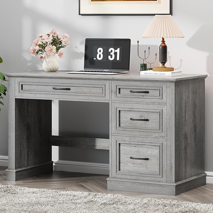 Farmhouse 47 Executive Desk Computer Desk with Drawers and File Drawer Workstation Computer Desk with Charging Station for Home Office Study (Grey)
