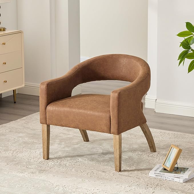 Modern Accent Chair Upholstered PU Leather Barrel Armchairs with Rubberwood Legs Comfy Lounge Arm Chair Hollow-Out Side Club Chair for Living Room Bedroom Office (Brown-Wide)