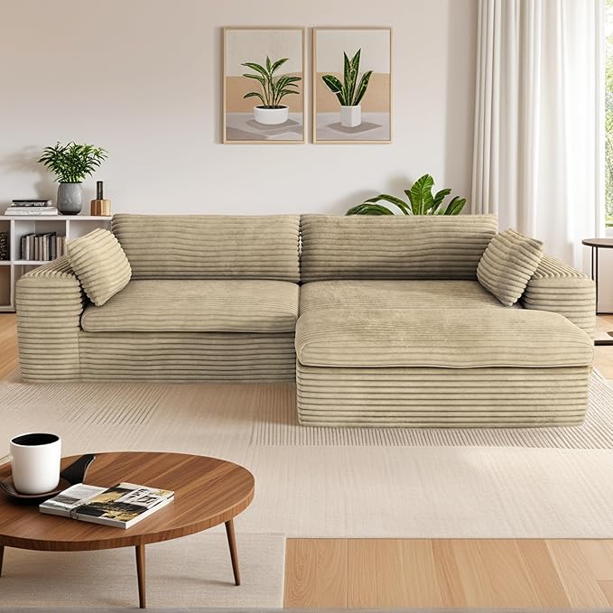 110 Sectional Couches for Living RoomOversized Boneless 3 Seater Cloud L Shaped CouchPlush Corduroy Sofa with OttomanNo Assembly RequiredBeige.