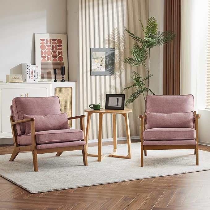 Karl home Accent Chair Wide Armrest Mid-Century Lounge Chair Linen Fabric Armchair with Lumbar Pillow &amp Solid Wood Frame for Living Room Bedroom Balcony Pink
