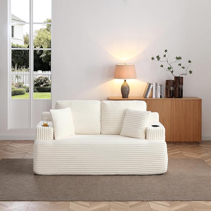 Floor Loveseat Boneless Sofa Couch in a Box with Cup Holder and Side Pockets Corduroy Upholstered 2 Seater Cloud Foam Sofa with Deep Seating for Living Room No Assembly | Breathable material Cuphol