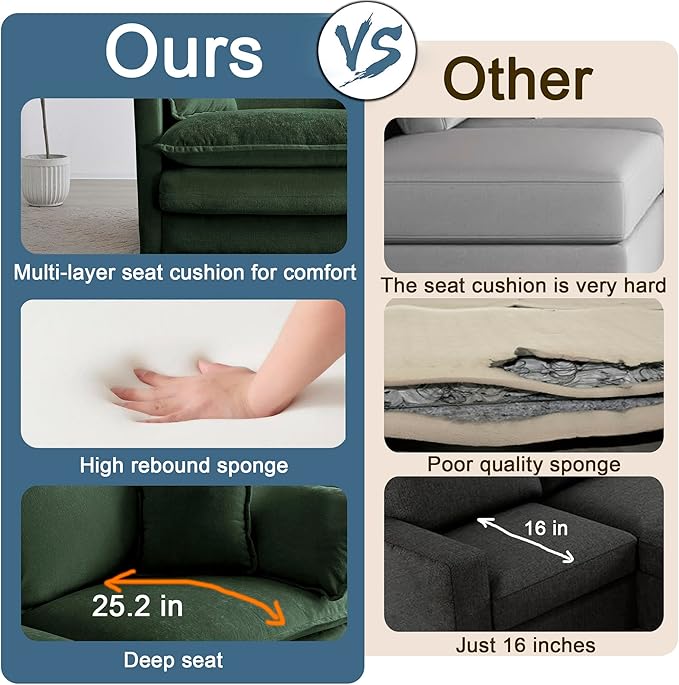 146.5 Convertible L Shaped Sectioanl Couch deep Cloud sectional Sofa with Movable OttomanGreen