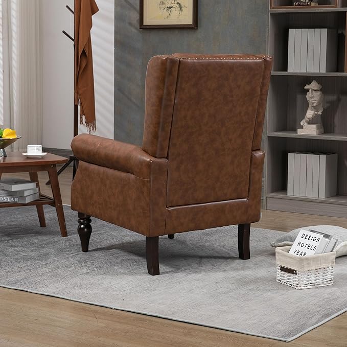 Brown PU Leather Accent Chair Mid-Century Modern Living Room Chairs with Wingback Comfy Upholstered High Back Single Sofa Bedroom Reading Armchair with Solid Wood LegsEasy Assemble (Brown)