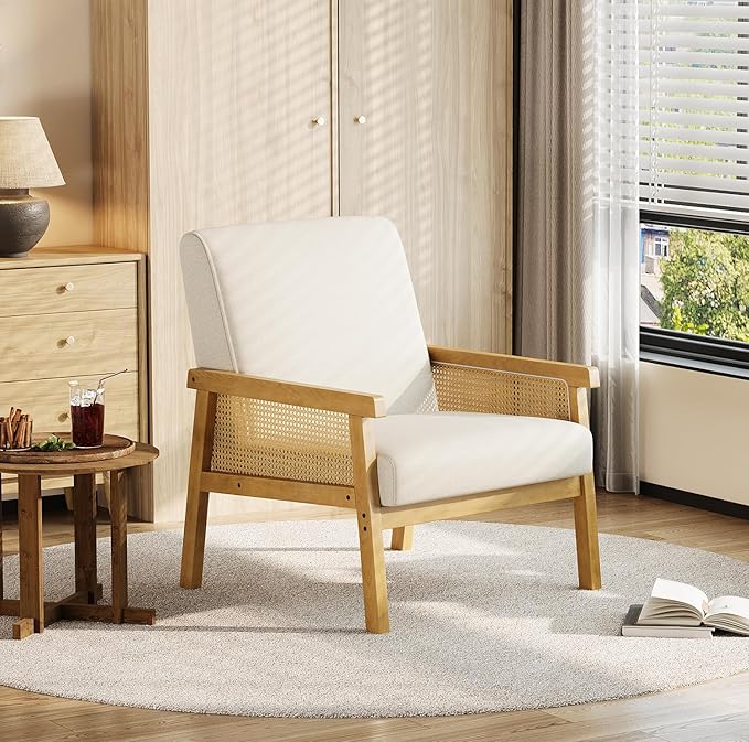 IDEALHOUSE Rattan Accent Chair Linen Armchair Upholstered Reading Chair with Wooden Frame and High Back Leisure Chairs for Living Room Bedroom Waiting Room Reception Beige