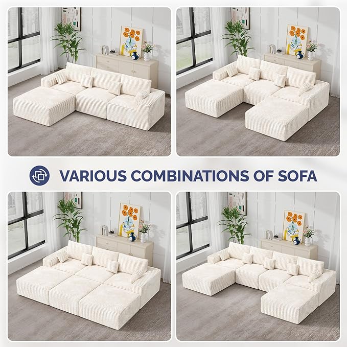 113 U-Shaped Boneless Couch Modern Modular Sectional Sofa with Deep Seat Convertible Corduroy Cloud Couches for Living RoomBeige1 PCS