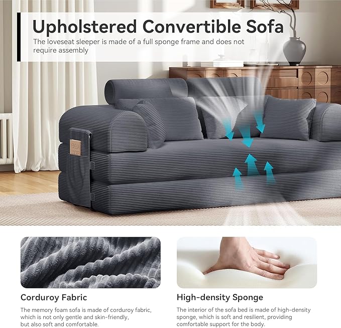 79'' Upgrade High Backrest Sofa Bed with Fixed Frame Removable Armrests &amp Backrest Corduroy Fabric Convertible Couch for Small Spaces No Assembly Needed (High Backrest Dark Gray)