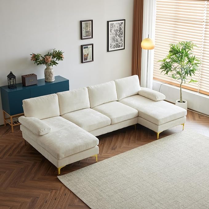 Karl home Convertible Sectional Sofa 110 U-Shape Sofa Couch 4-Seat Couch with Chaise ChenilleFabric Upholstered for Living Room Apartment Office Creamy White