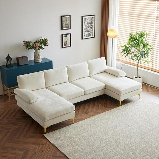 Karl home Convertible Sectional Sofa 110 U-Shape Sofa Couch 4-Seat Couch with Chaise ChenilleFabric Upholstered for Living Room Apartment Office Creamy White