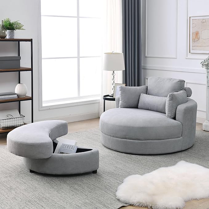 Oversized Swivel Accent Round Chair Modern Upholstered Sofa with Pillows Cozy Leisure Chair for Living Room Bedroom Home Office Club (Linen Light Gray)