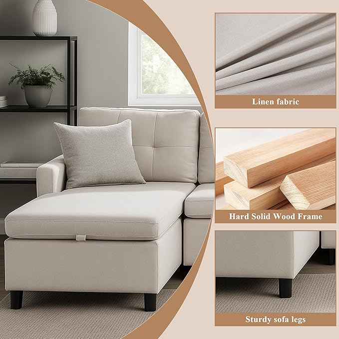 Sleeper Sofa Couch Oversized Pull Out Couch Bed with Storage Chaise Sectional Sleeper Sofa Bed for Living Room (Beige Single)