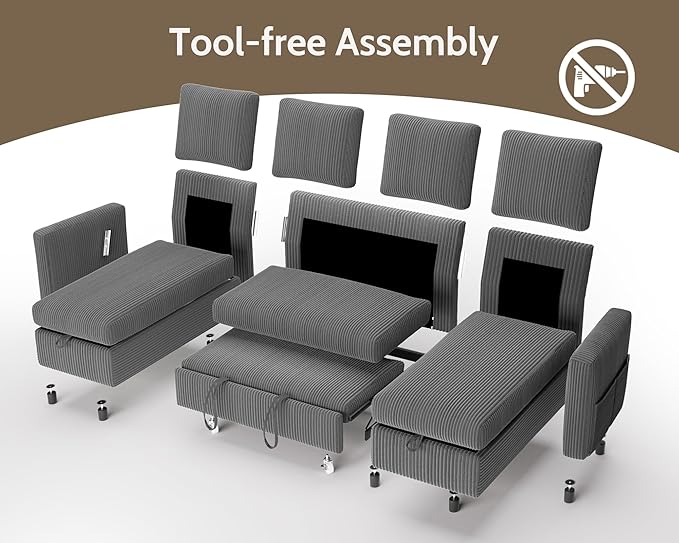 WEUP 106 U Shaped Sectional Sleeper Sofa Bed with Pull Out Bed Sectional Sleeper Couch Pull Out Couch with Reclining Backrest/Reversible Storage Chaise/USB Ports/Tool-Free Assembly Corduroy Grey