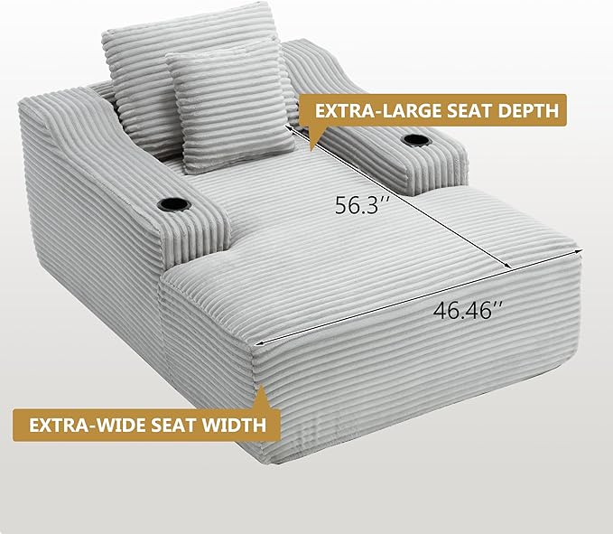 67inch Chaise Lounge Chair Indoor Upholstered Corduroy Couch with 2 PillowsComfy Fluffy Cloud CouchSingle Sleeper Sofa Chair for Livingroom (Light Gray 46.5W X 67D with Cup Holder)