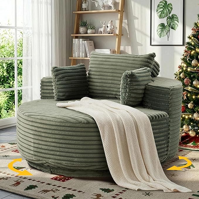 55 Oversized 360 Degree Swivel Chair Modern Round Chair Lounge Upholstered Corduroy Swivel Accent Chair with Deep Seat Comfy Fluffy Sleeper Sofa for Living Room Bedroom Apartment (Green)