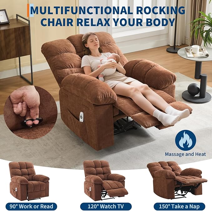 Massage &amp Heating Recliner Chair for Adults 150° Manual Oversized Recliner with Extra Wide Plush Seat Overstuffed Comfortable Single Sofa for Living Room Bedroom Home Theater Brown