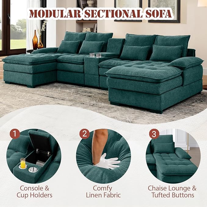 130 U-Shaped Modular Sectional Sofa Oversized Cloud Couches with Storage Console &amp Cup Holders Linen Sofa with Chaise/Pillows 6-Seater Deep Seat Couches for Living Room (Green) | Breathable ma