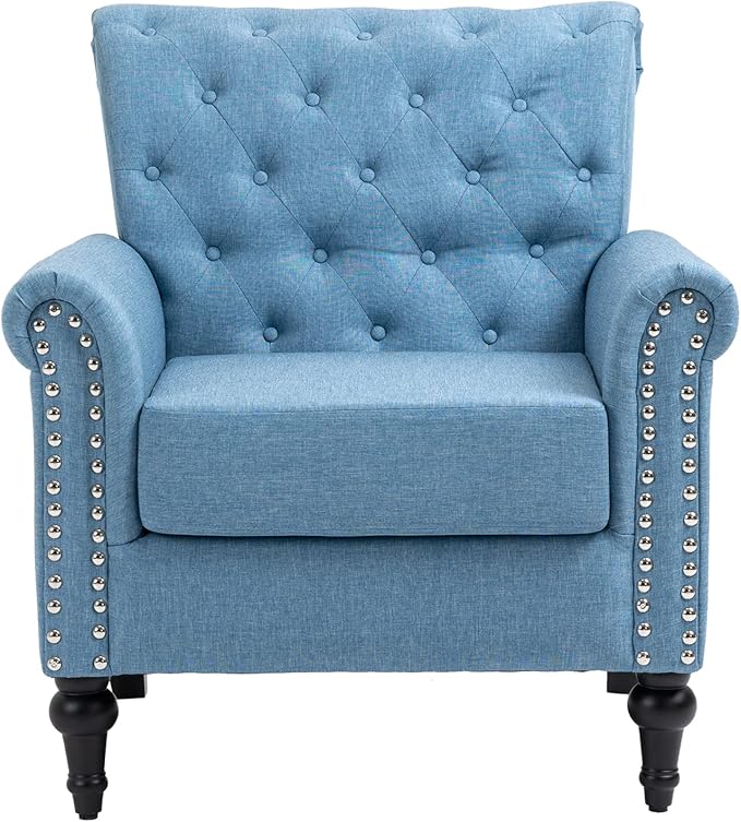 Mid-Century Modern Accent Chair Linen Armchair w/Tufted Back/Wood Legs Upholstered Lounge Arm Chair Single Sofa for Living Room BedroomLight Blue