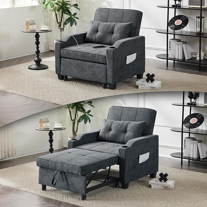 VINGLI Dark Grey 3-in-1 Convertible Futon Sofa Bed Pull Out Couch Bed Adjustable Recliner Chair with USB Ports Cup Holders Side Pockets for Living Room Bedroom Small Spaces