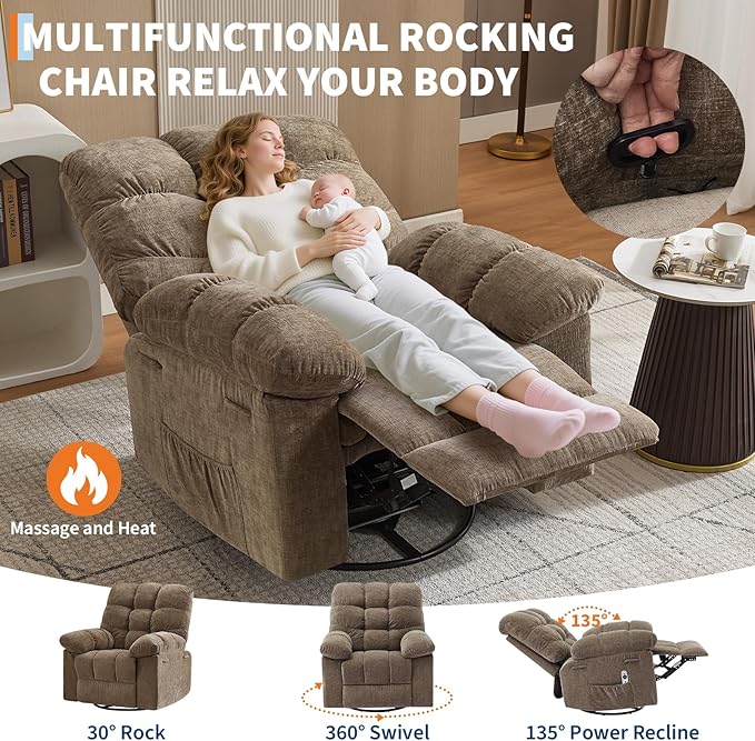 Massage Rocking Recliner Chairs360° Swivel Rocking Recliner Chair with Vibration Massage and Heat for Living RoomBedroomHome Theater