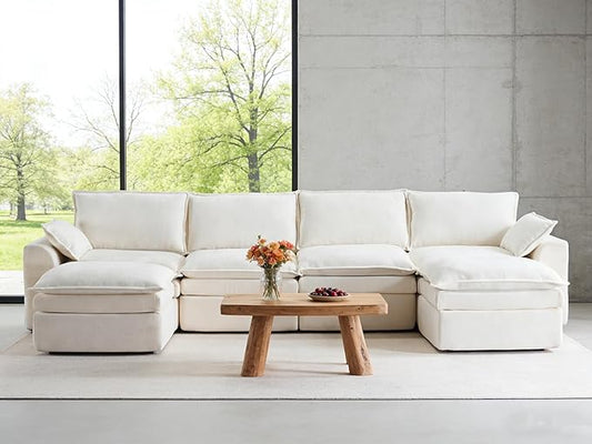 145 Modular Sectional Cloud Couch Deep Seat Boneless Couch for Living Room Upholstered Cloud Sectional Couch with Throw Pillows and Side PocketsNo Assembly RequiredChenilleBeige