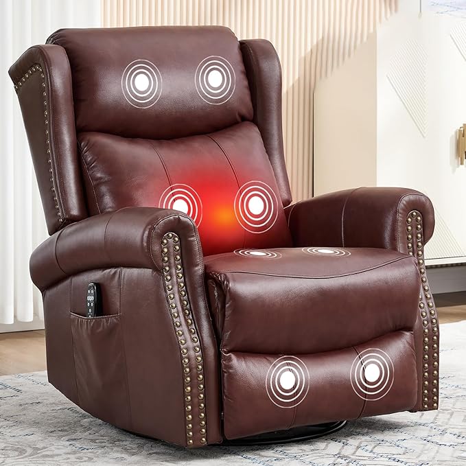 360° Swivel Glider Chair for Nursery Wingback Genuine Leather Rocking Recliner with Lumbar Heat &amp Massage 8-Point Vibration Massage for Living Room Bedroom