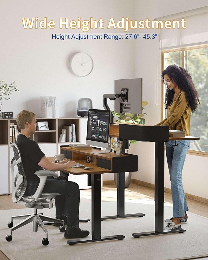 YIHAYO Electric Standing Desk with Drawers 48 x 24 Inches Adjustable Desk with Storage Shelf Stand Up Desk with Splice Board Computer Table for Home Office Black Frame/Rustic Brown Top