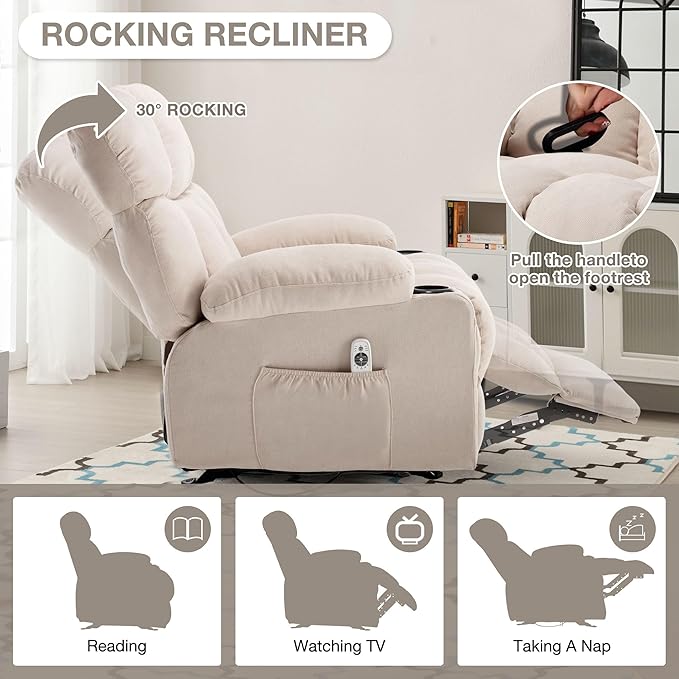 Massage Rocker Recliner Chair with Heat and Vibration Ergonomic Rocking Lounge Chair for Living Room Comfy Overstuffed Recliner with 4 Side Pockets2 Cup Holders USB Charge PortBeige