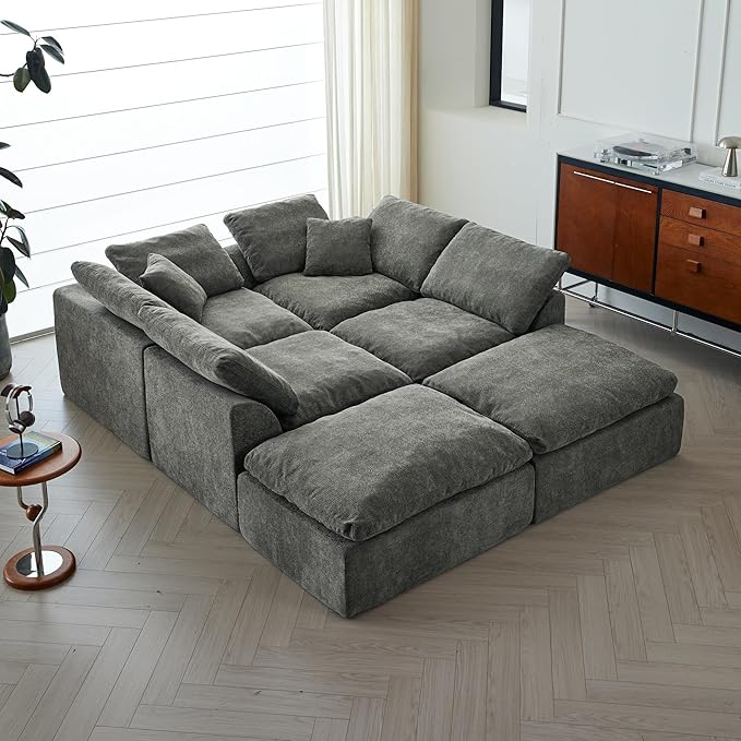 138 Cloud Sectional Couches for Living Room Convertible U-Shape Boneless Couch with Ottoman 6-Seater Compressed Sofa Modular Sectional Sofa (6-Seater Grey)
