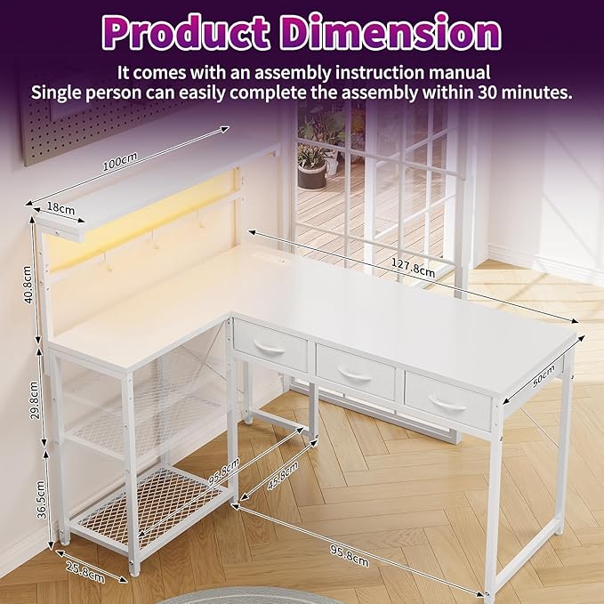 Grandder 50 Inch L Shaped Gaming Desk with 3 Drawers &amp Storage Shelves &amp Hutch Computer Desk with USB Ports Study Writing Table for Bedroom Simple Modern Laptop Desk for Home Office White